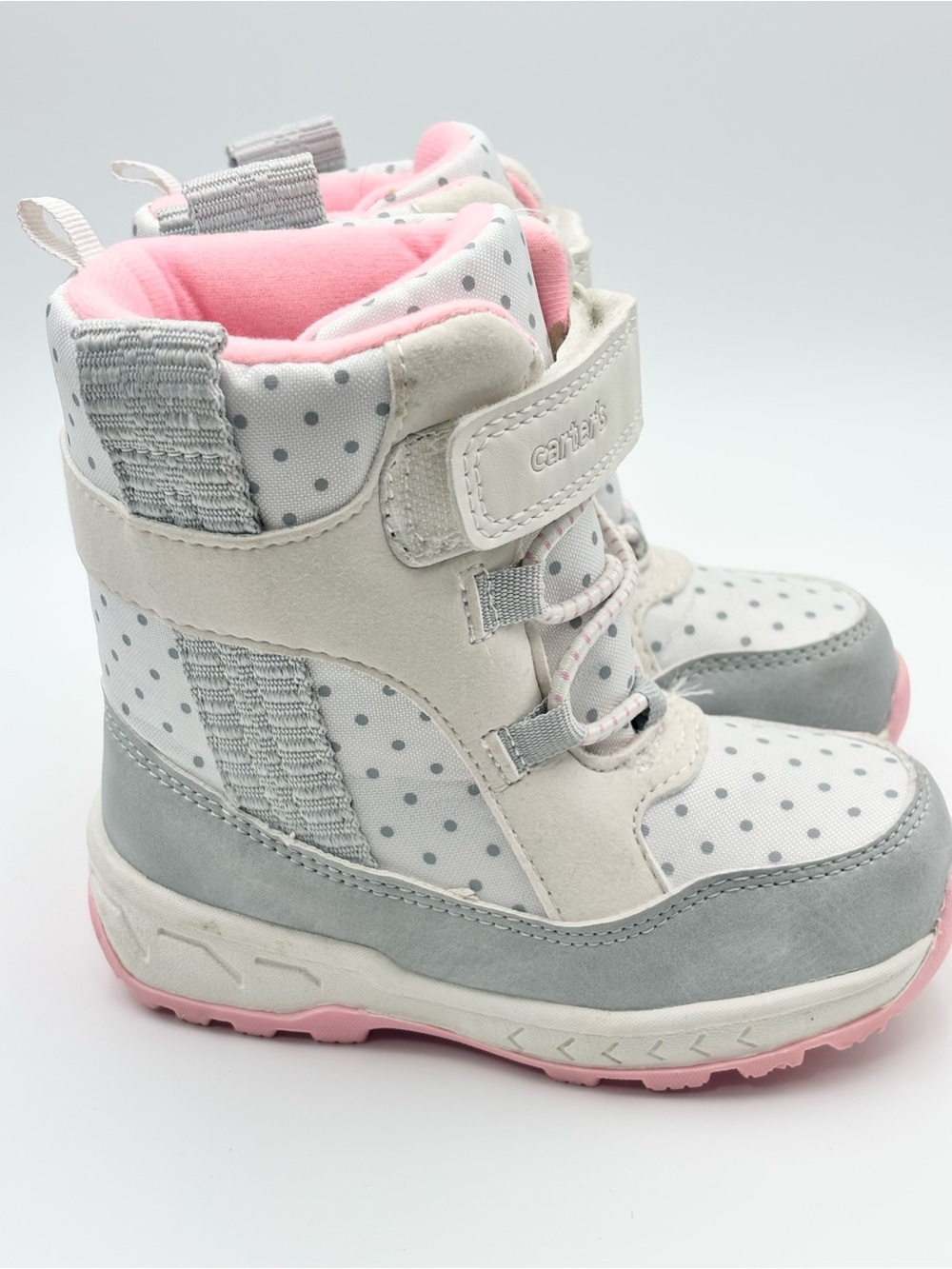 Carter's Pink, Gray & White Polka Dot Girls Winter Snow Boots size 8 Toddler